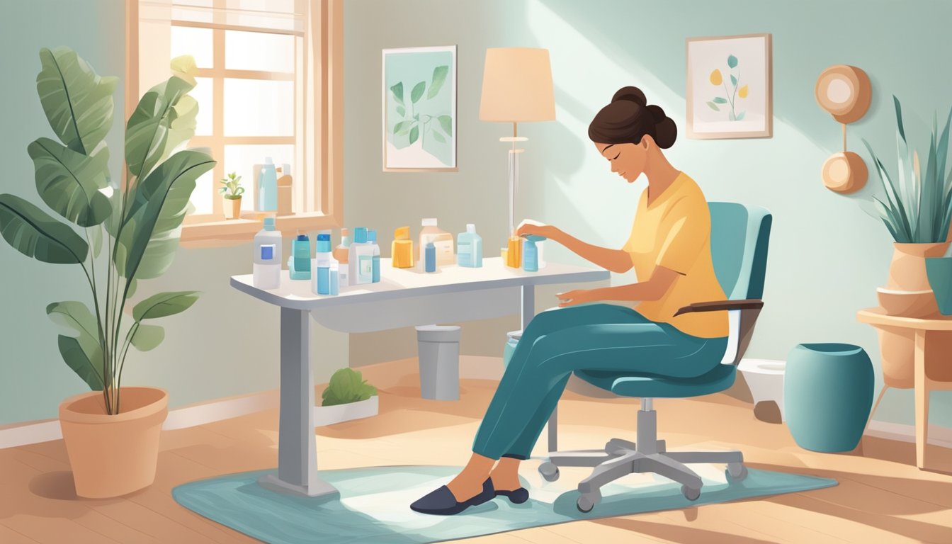 A caregiver arranging foot care items on a clean, well-lit surface, with a comfortable chair nearby and a soothing atmosphere