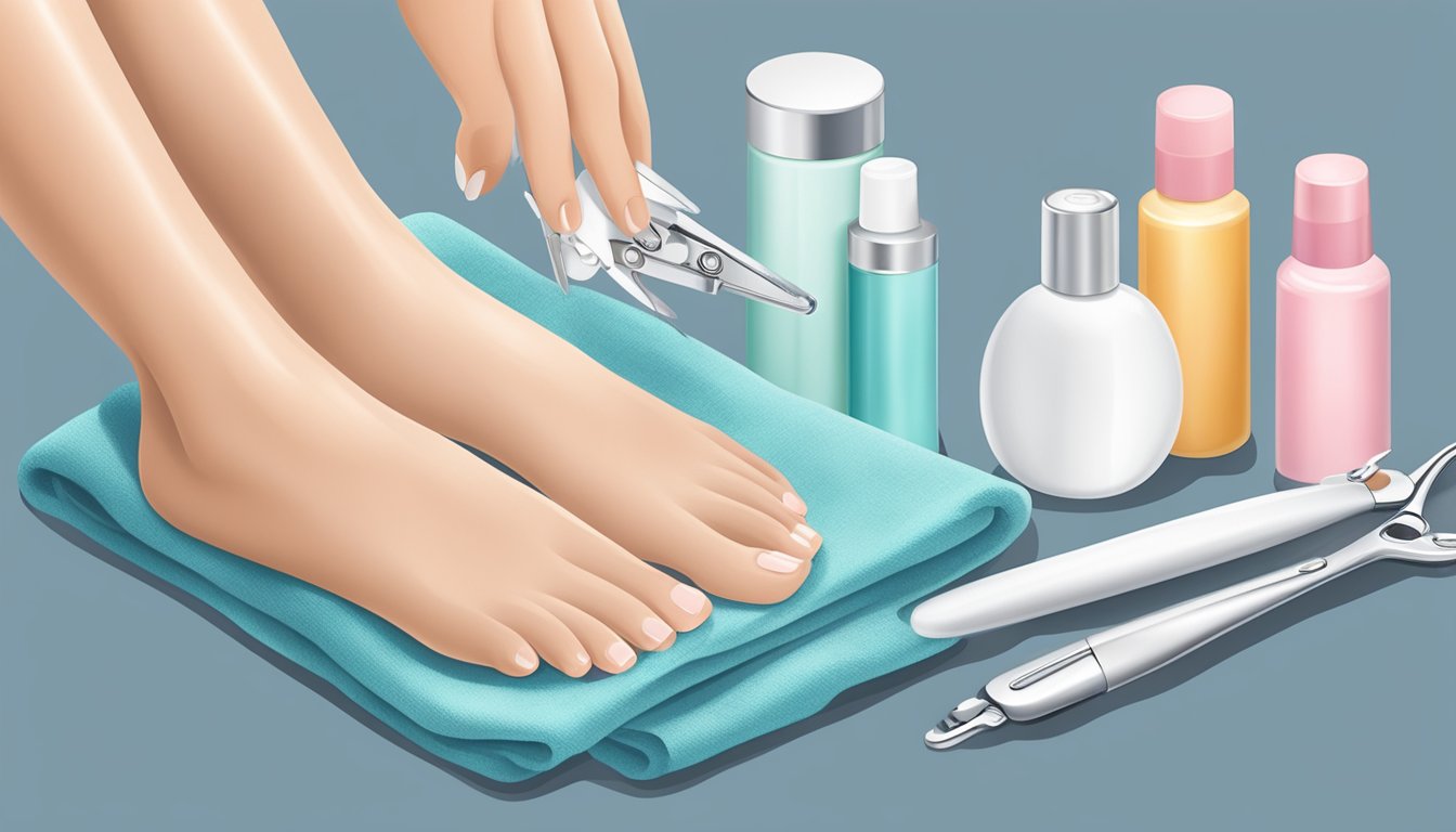 A caregiver's hand holding a foot care kit with nail clippers, files, and lotion on a clean towel