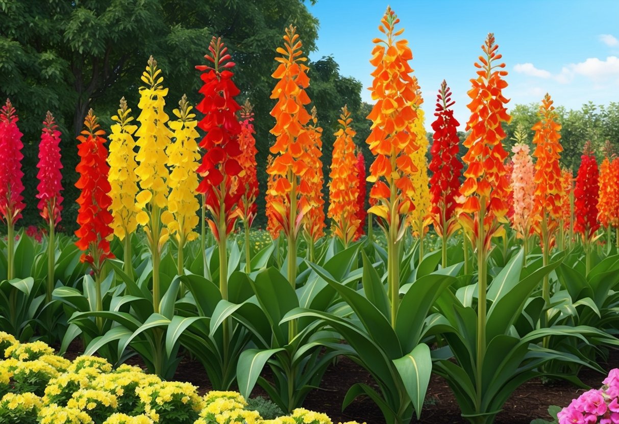 A lush garden with towering cannas reaching up to 6-8 feet, their vibrant red, orange, and yellow flowers swaying in the breeze