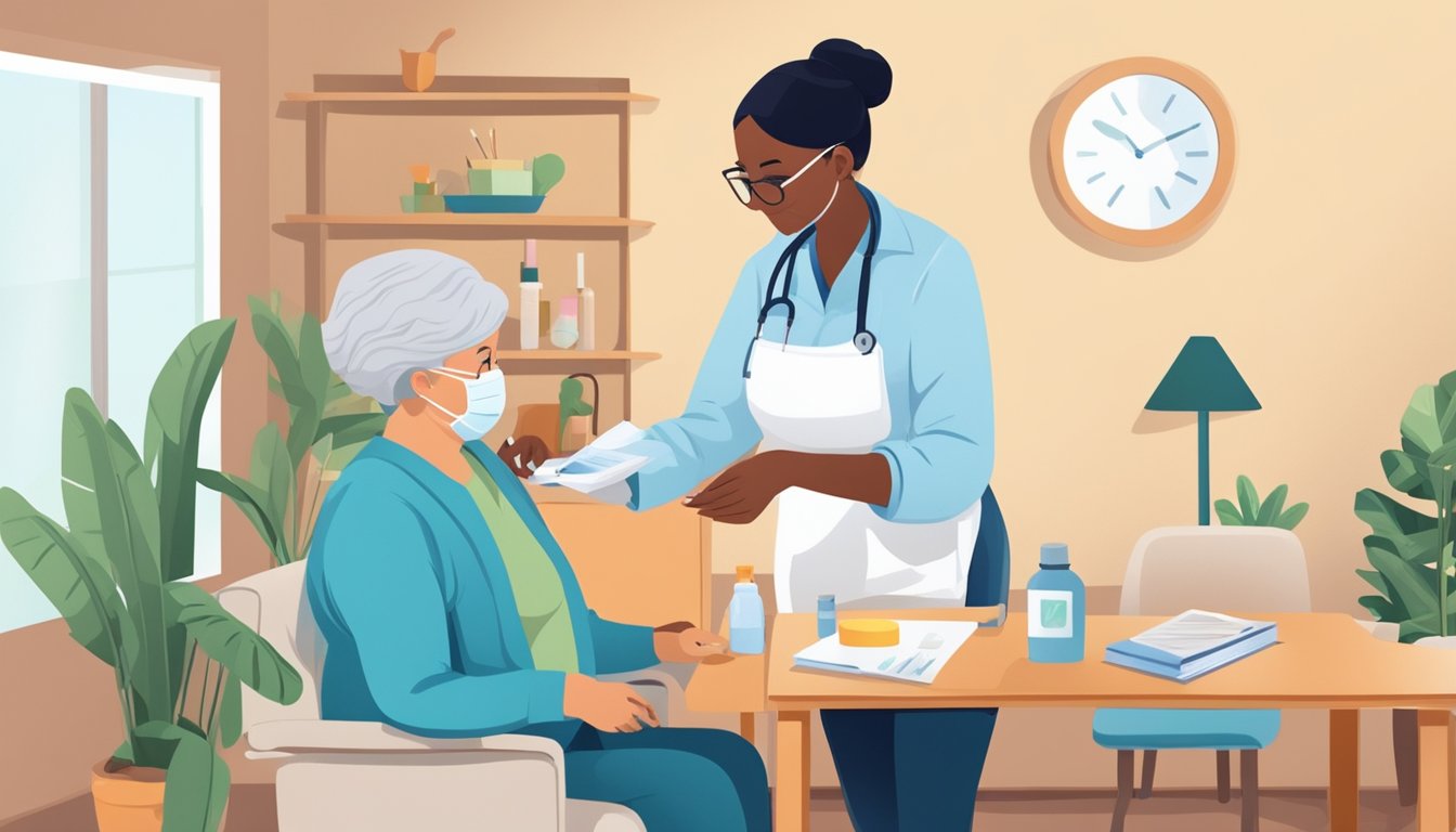 A home healthcare worker administers a vaccine to an elderly person in a cozy living room setting. A table nearby holds medical supplies and paperwork