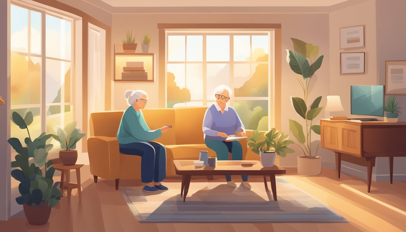 A cozy living room with a table holding eye health resources and a caregiver assisting a senior with eye exercises. Sunlight streams in through the window, creating a warm and inviting atmosphere