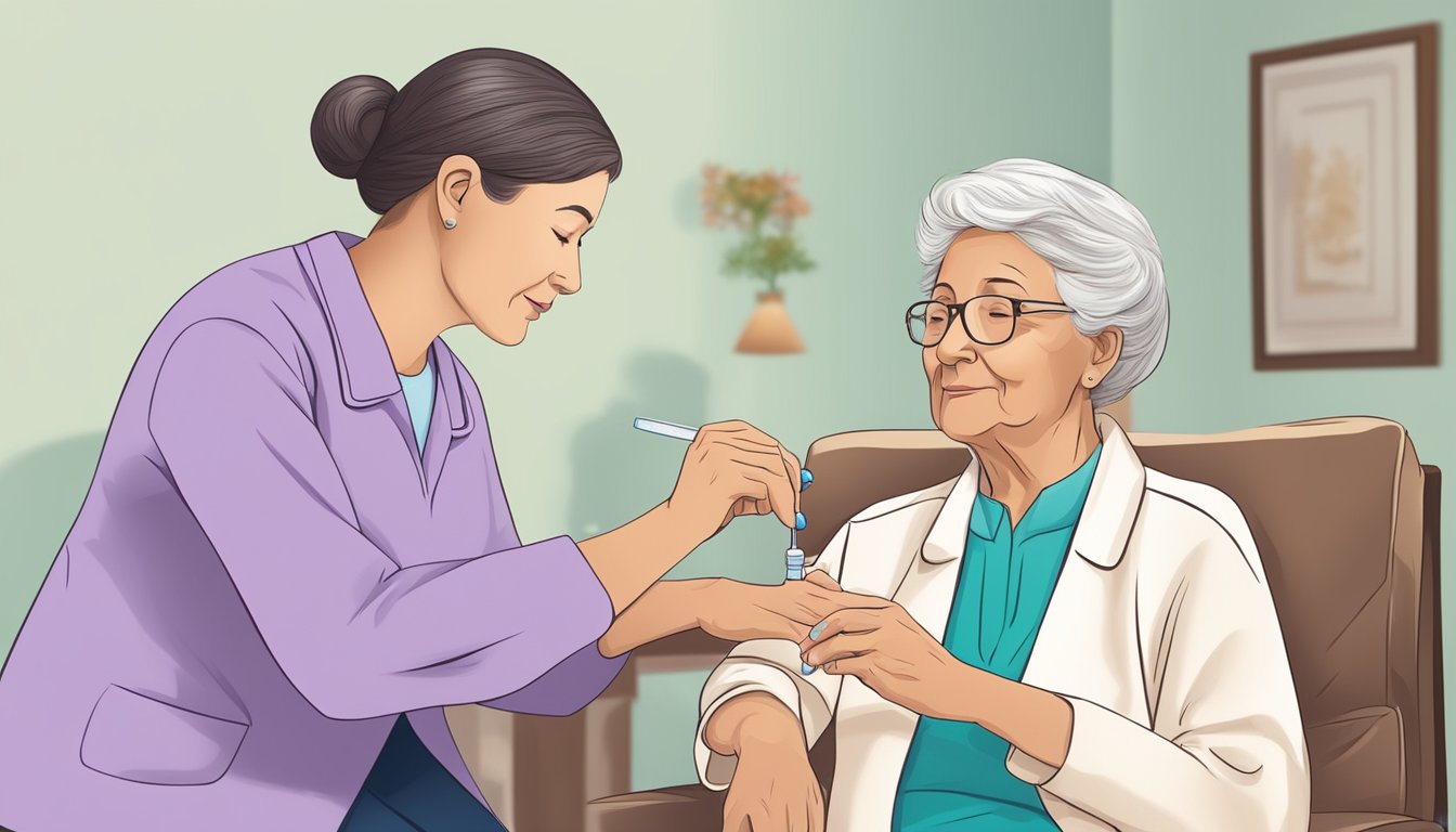 A home caregiver administers a vaccine to an elderly person. Legal documents related to healthcare legislation are visible in the background