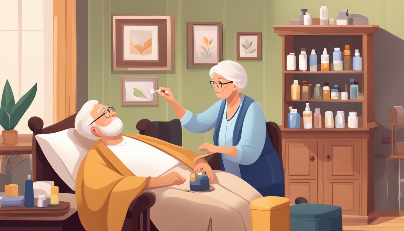 A professional caregiver prepares and administers eye drops to a senior client in a cozy home setting, surrounded by various eye care products and equipment