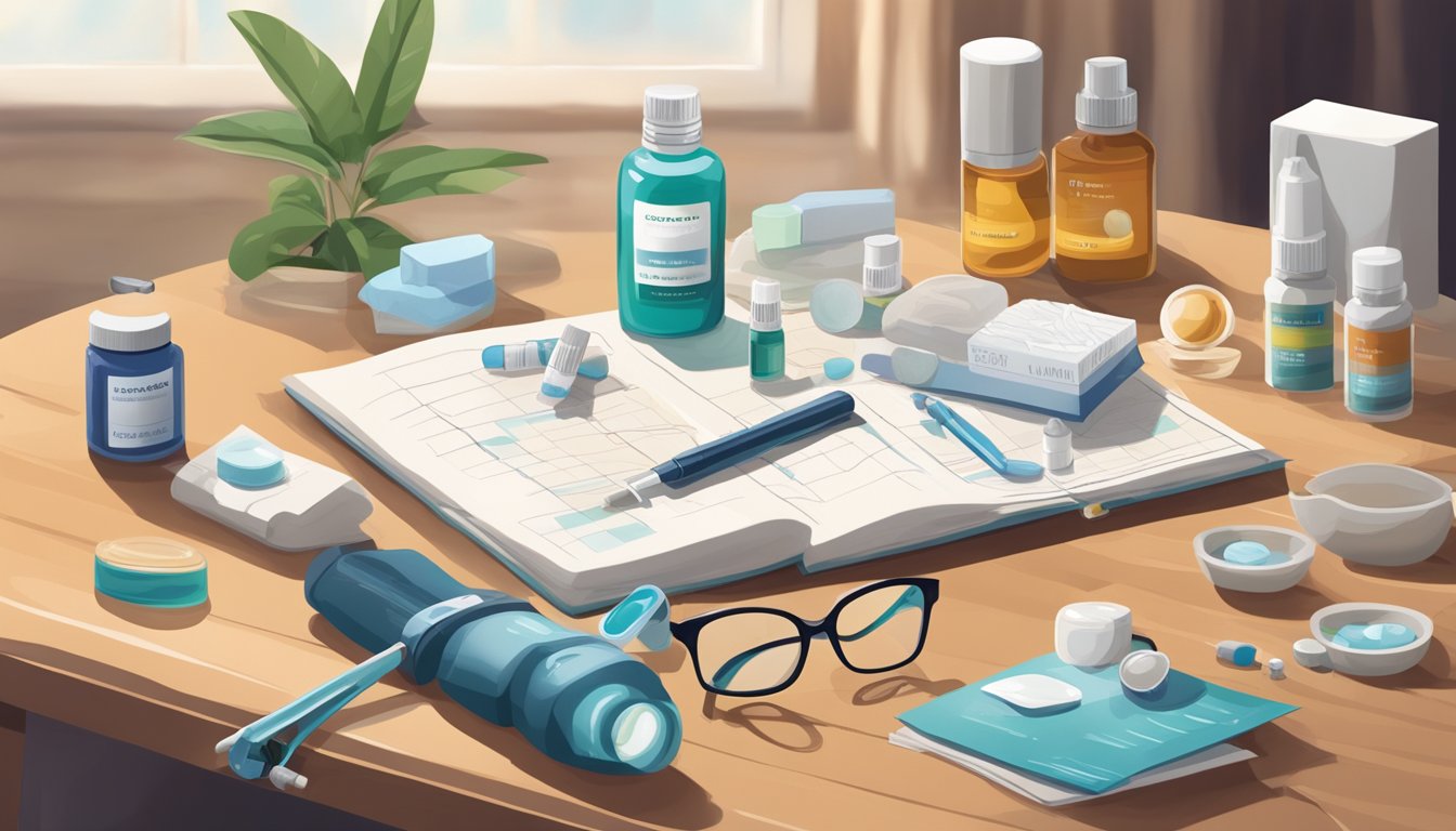 A cozy home setting with a variety of eye care products and tools displayed on a table, including glasses, contact lens solution, eye drops, and a chart showing tips for maintaining eye health