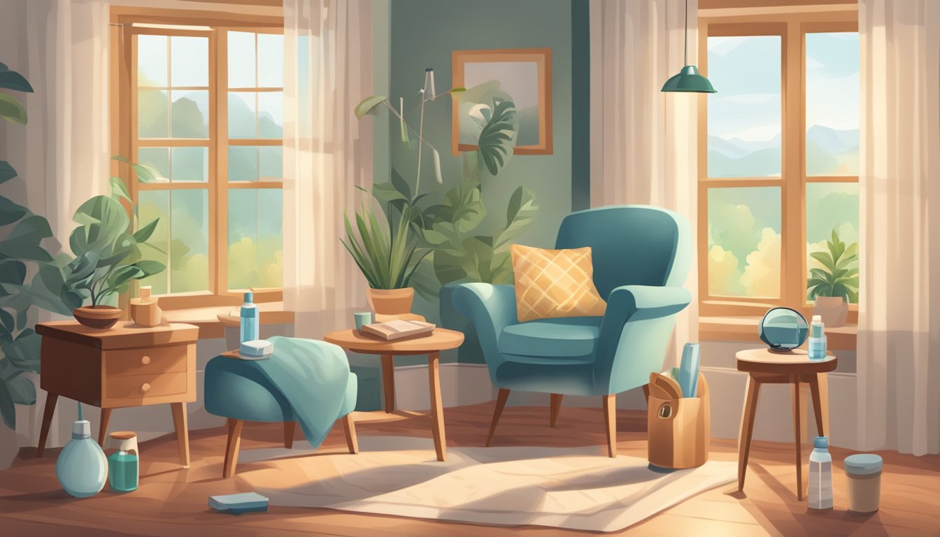 A cozy home setting with soft lighting, a comfortable chair, and a table holding a variety of eye health-promoting items such as eye drops, glasses, and a soothing eye mask