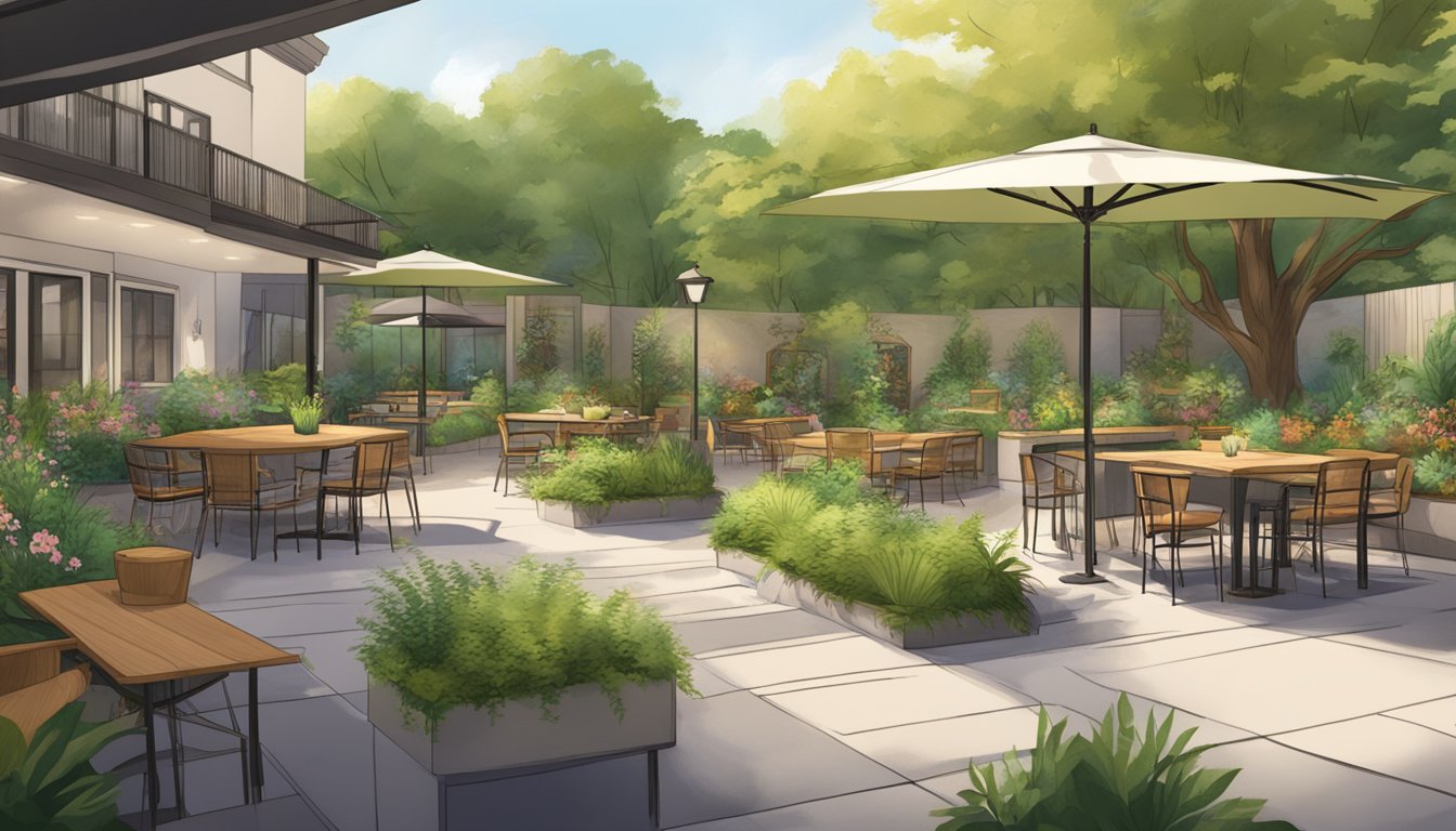 A cozy outdoor patio with wheelchair-accessible paths, a variety of seating options, and lush greenery surrounding the space