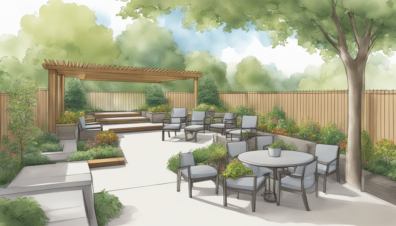 A wheelchair-accessible garden with wide paths, raised planters, and smooth surfaces. A ramp leads to a shaded seating area with sturdy, comfortable furniture