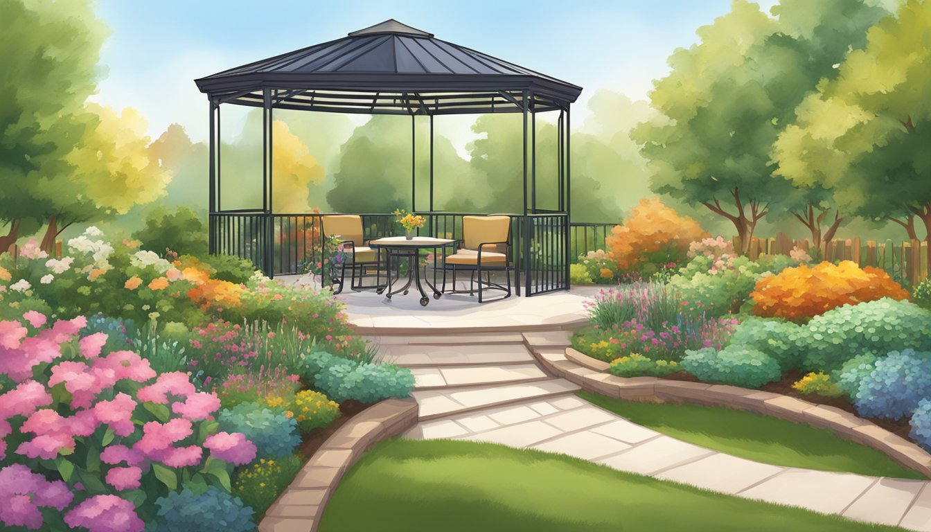 A peaceful garden with wide paths, raised flower beds, and gentle slopes. A wheelchair-accessible gazebo and seating areas are nestled among colorful plants and trees