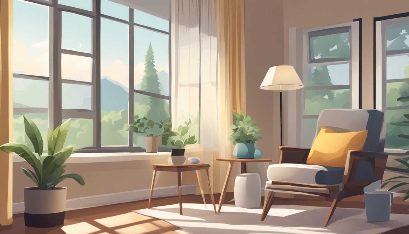 A cozy living room with a comfortable armchair, a side table with medication and a glass of water, and a large window letting in natural light