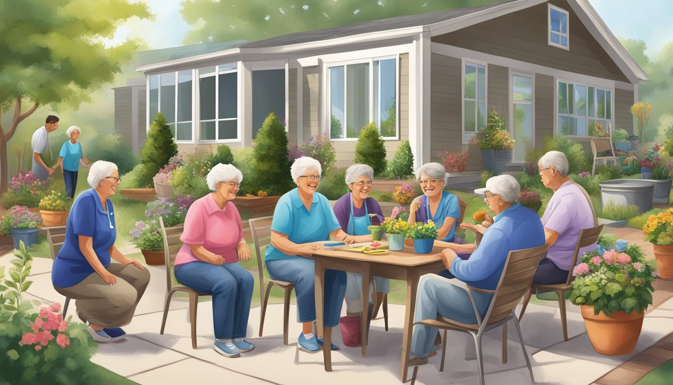 A group of home care clients and caregivers engage in outdoor activities such as gardening, painting, and playing games in a safe and welcoming outdoor space