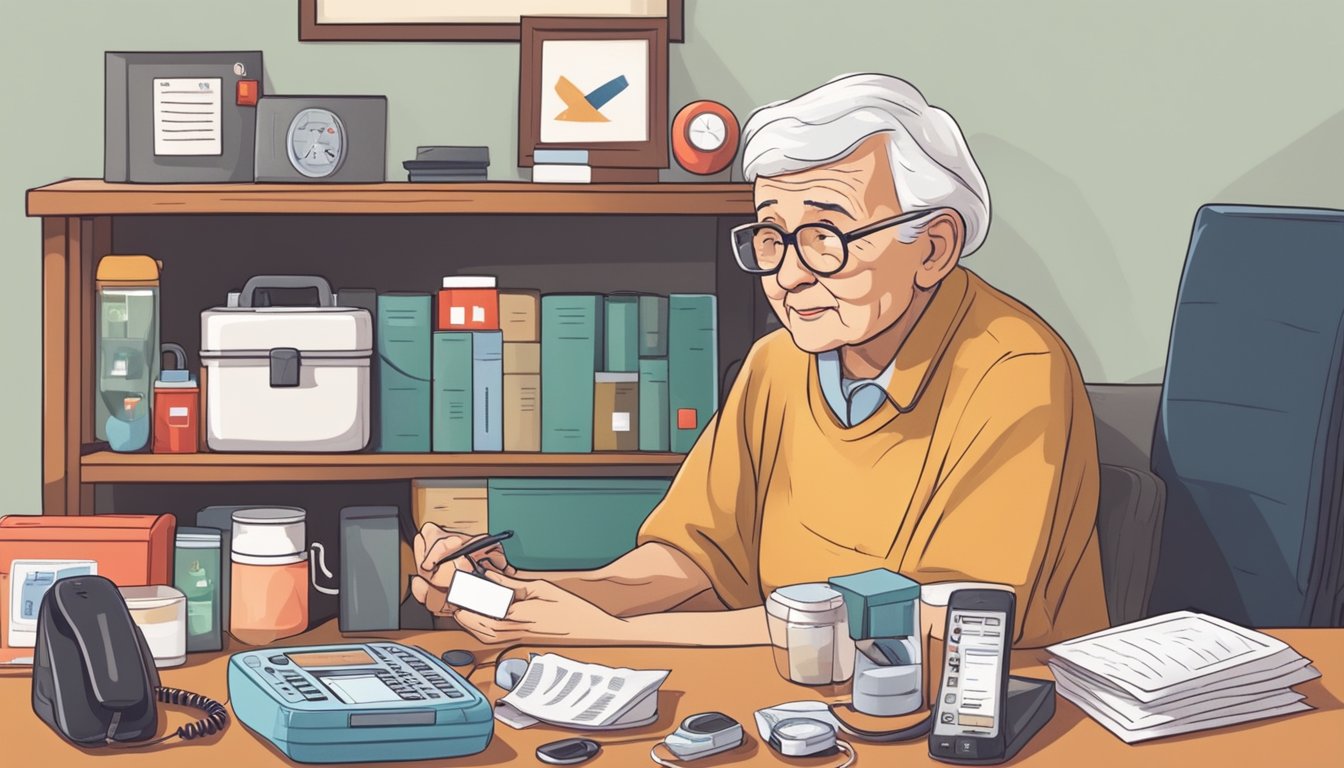 An elderly person sitting in a cozy living room surrounded by emergency supplies, a first aid kit, a landline phone, and a list of important contacts