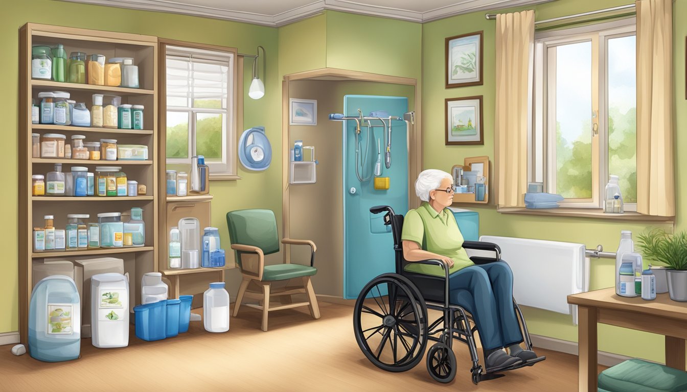 A home care setting with a wheelchair-accessible entrance, medication management, and assistive devices for daily living