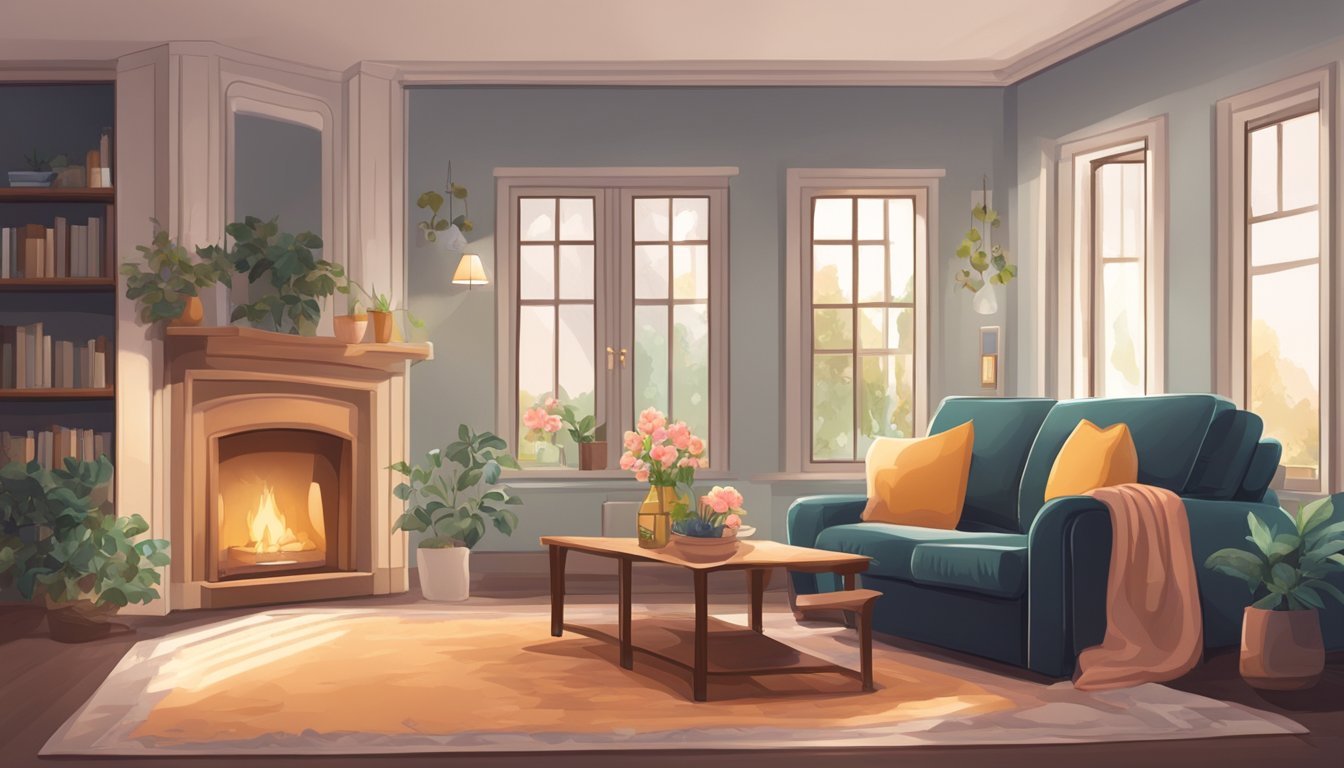 A cozy living room with soft, dim lighting, a vase of fragrant flowers, and a comfortable recliner with a plush blanket