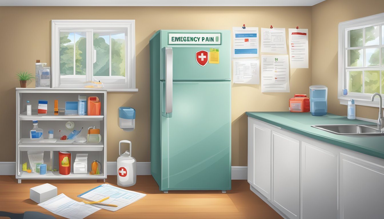 A home with an emergency plan posted on the wall, a first aid kit, and a list of emergency contacts on the fridge