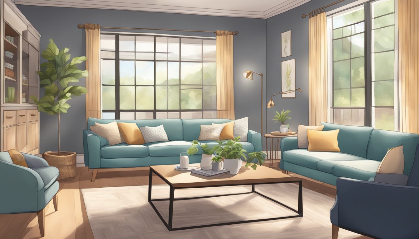 A cozy living room with soft, textured furniture, adjustable lighting, and calming colors to accommodate sensory changes in a home care setting