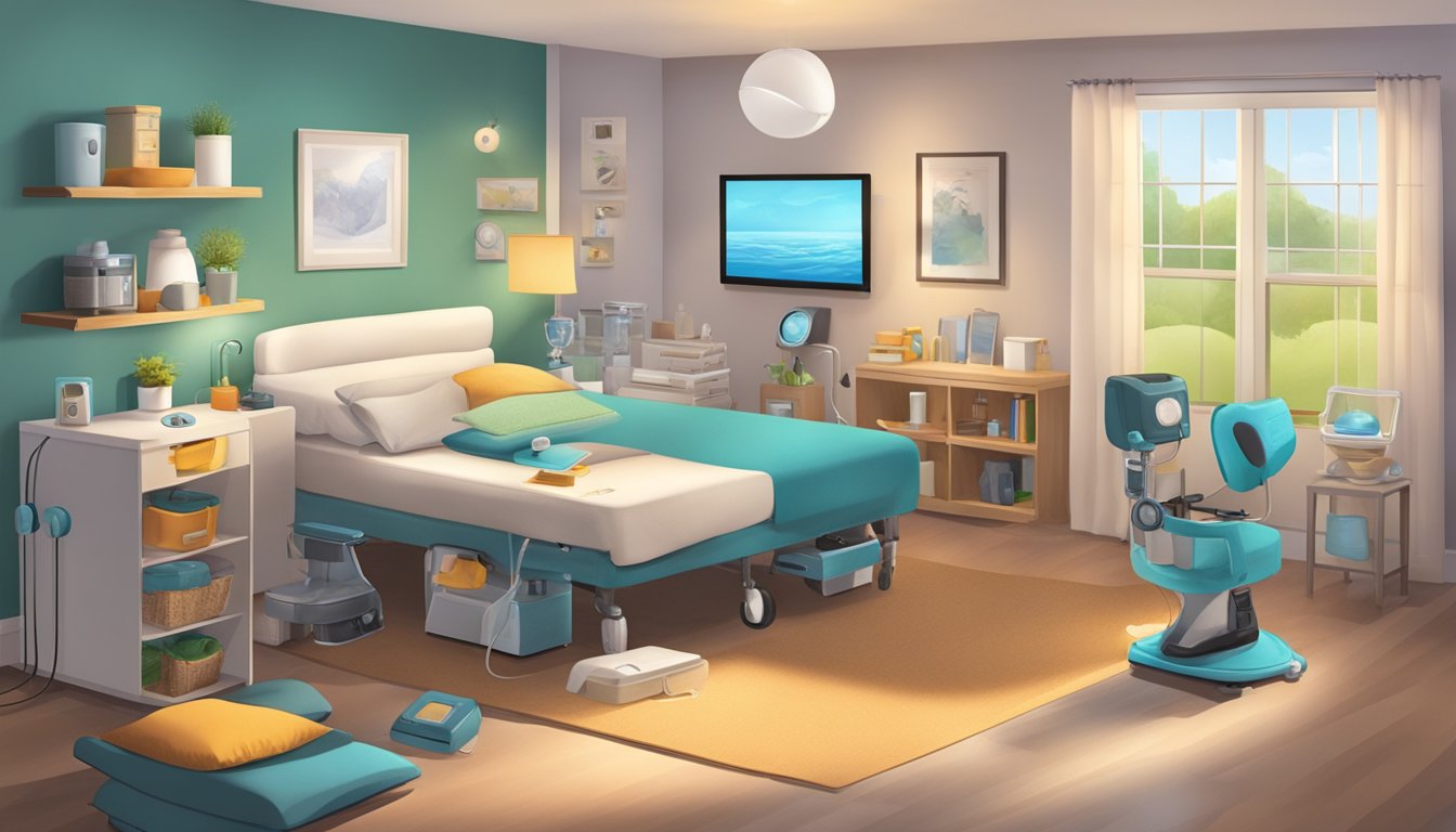 A home care setting with various assistive devices and technologies for addressing sensory changes, including tactile pads, sound machines, and adjustable lighting