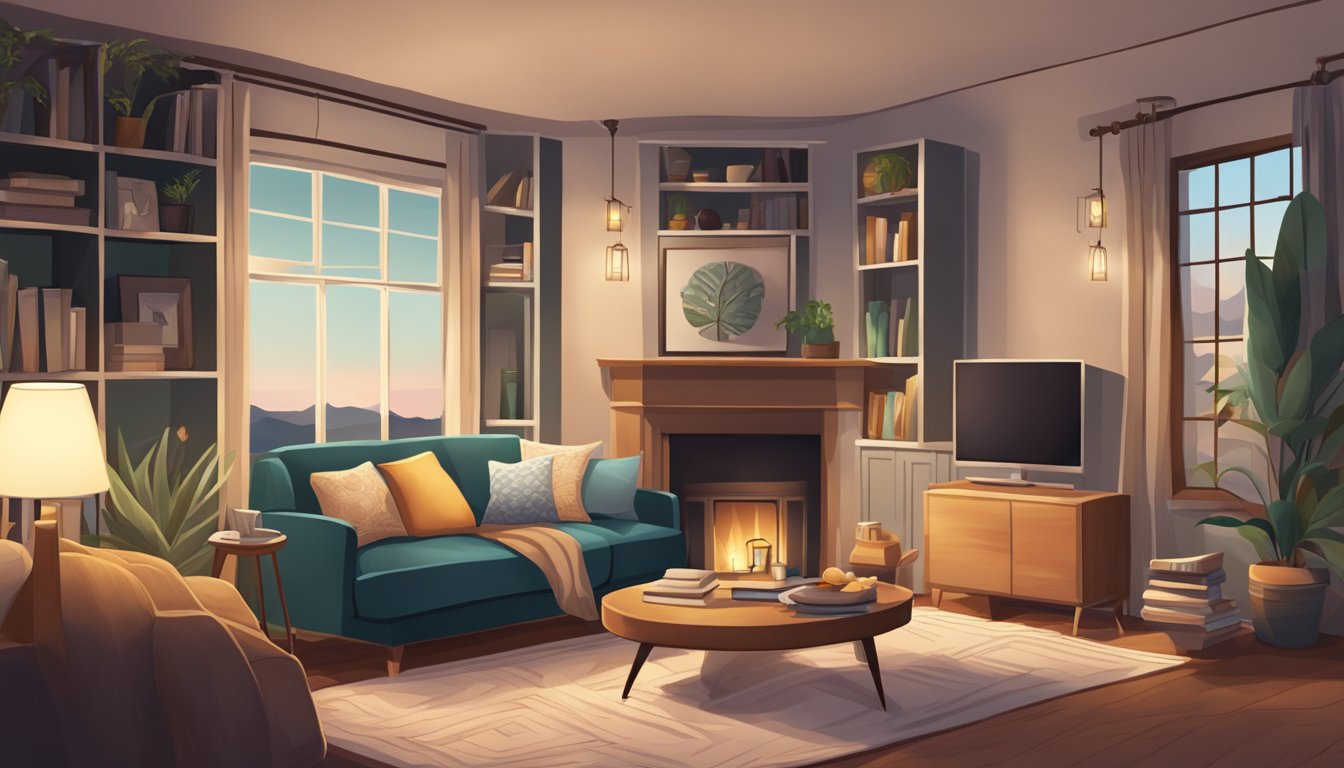 A cozy living room with soft, dim lighting, a variety of textured fabrics, and calming background music playing