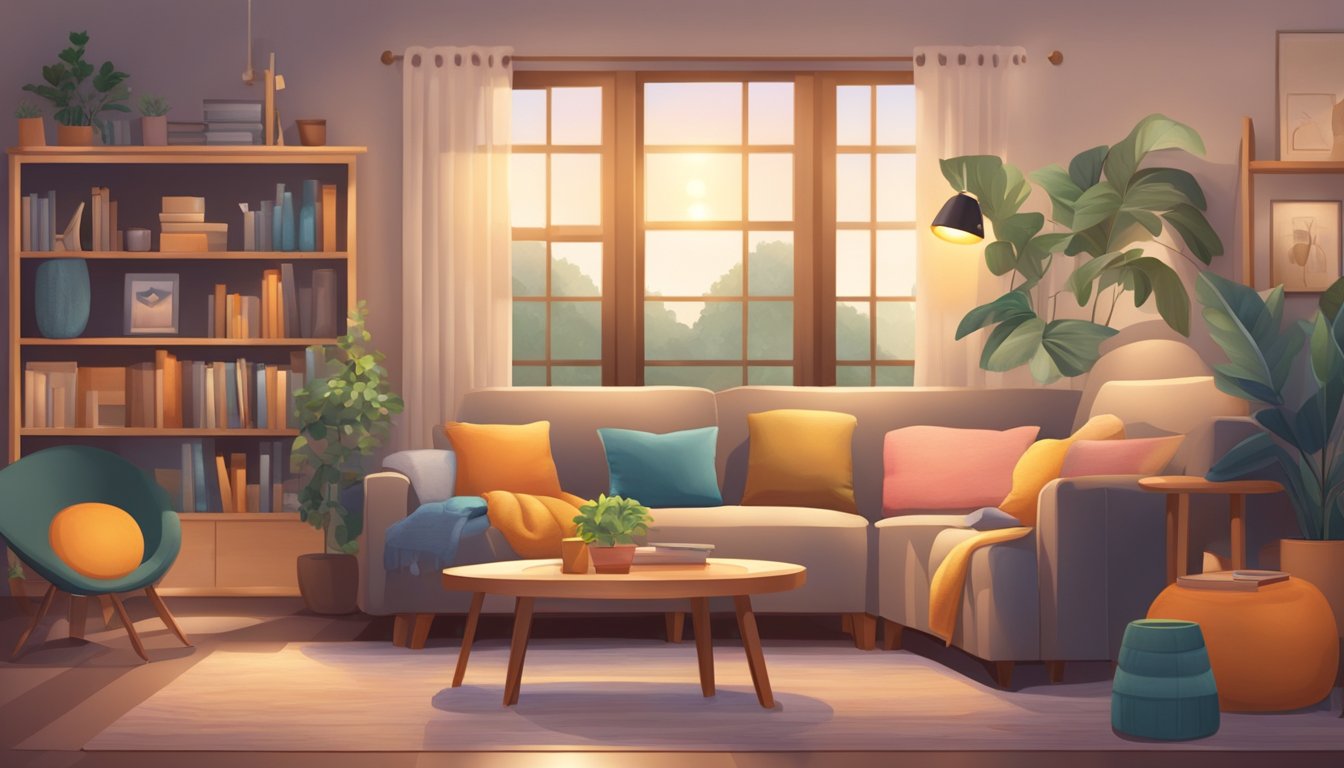 A cozy living room with soft lighting, comfortable furniture, and various sensory tools and activities arranged for use