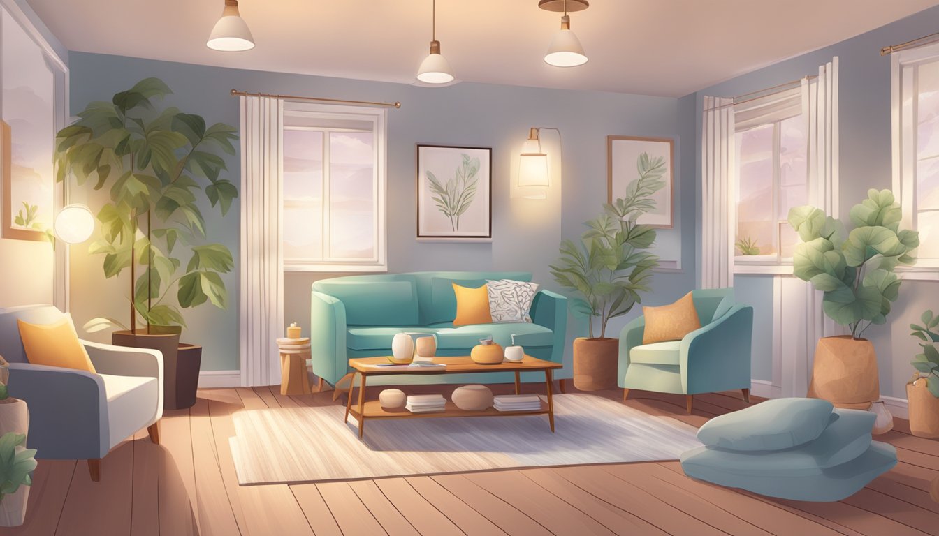 A cozy home care setting with various sensory aids such as aromatherapy diffusers, textured surfaces, and soothing lighting