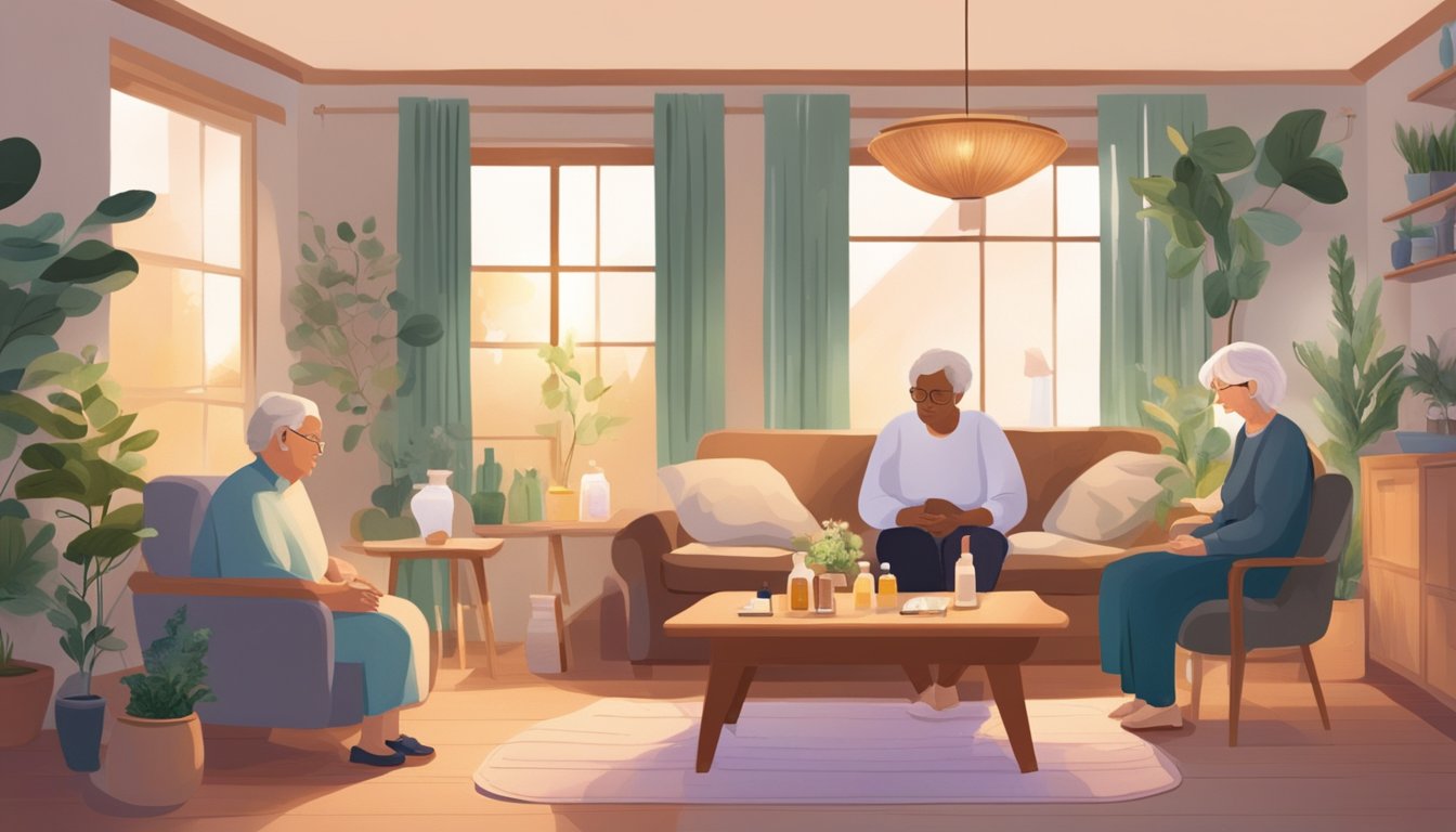 An elder sits in a cozy room surrounded by diffusers, essential oils, and calming music, while a caregiver gently assists with aromatherapy treatments