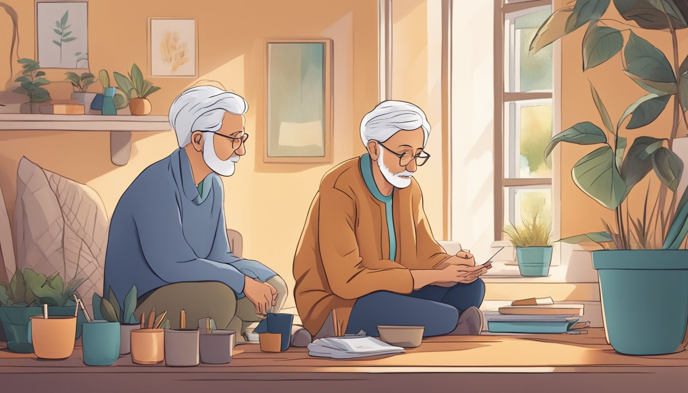 A serene elderly person sitting in a cozy home setting, surrounded by support resources and tools for managing mental health and substance abuse