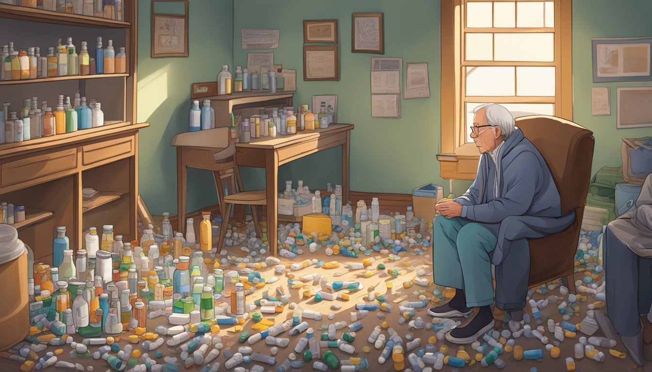 A cluttered home with prescription pill bottles scattered on the floor, while an elderly person sits alone in a corner, looking disheveled and neglected