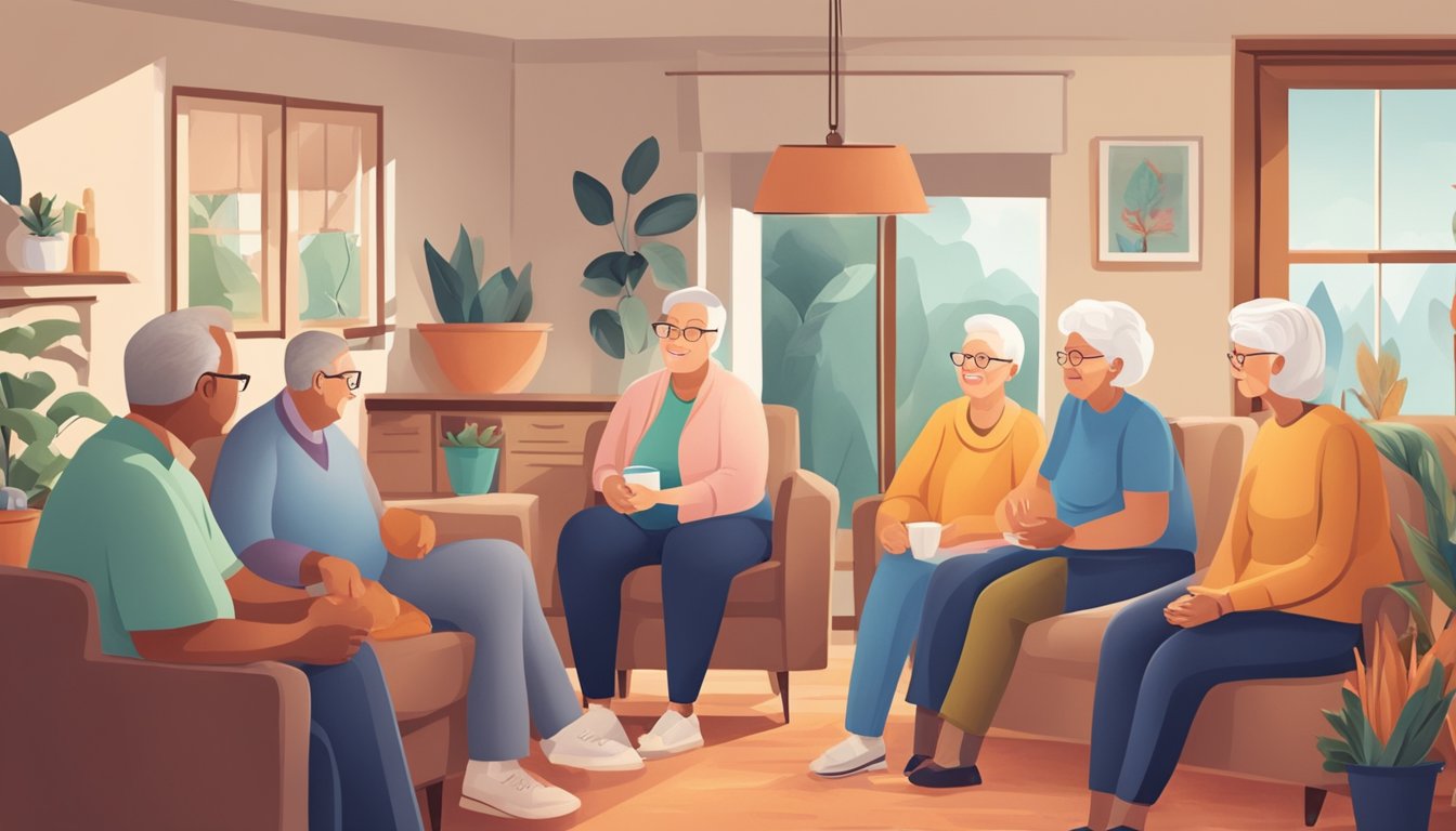 A cozy home setting with a senior surrounded by supportive family members and caregivers engaging in healthy activities and discussions about substance abuse prevention