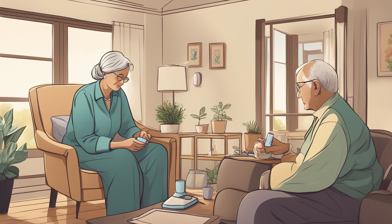 A serene home setting with a professional caregiver administering medication and providing emotional support to an elderly person struggling with substance abuse