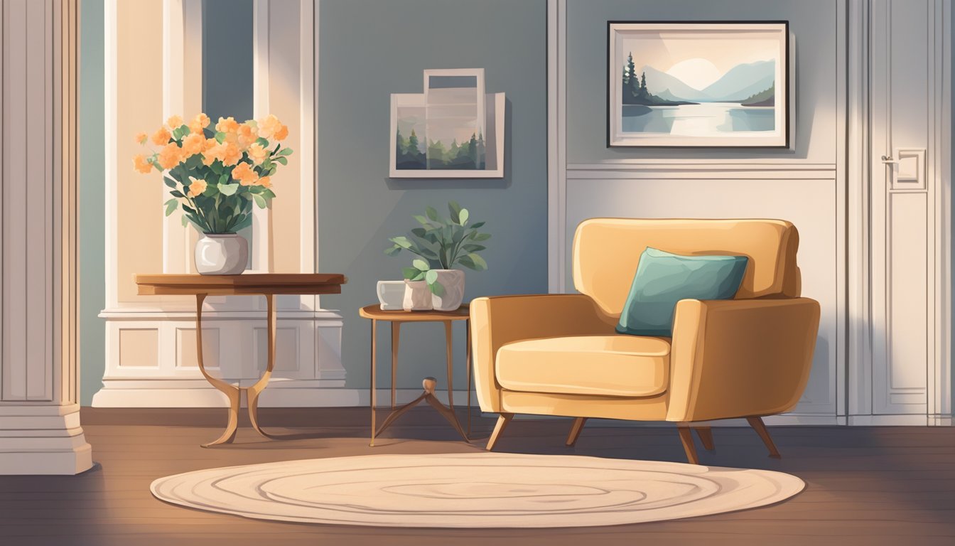 A cozy living room with a comfortable armchair, soft lighting, and a small table holding a vase of flowers and a framed photo