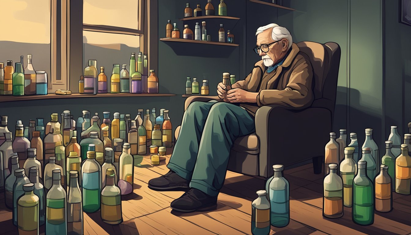 An elderly person sitting alone in a dimly lit room, surrounded by empty pill bottles and alcohol containers, with no one else in sight