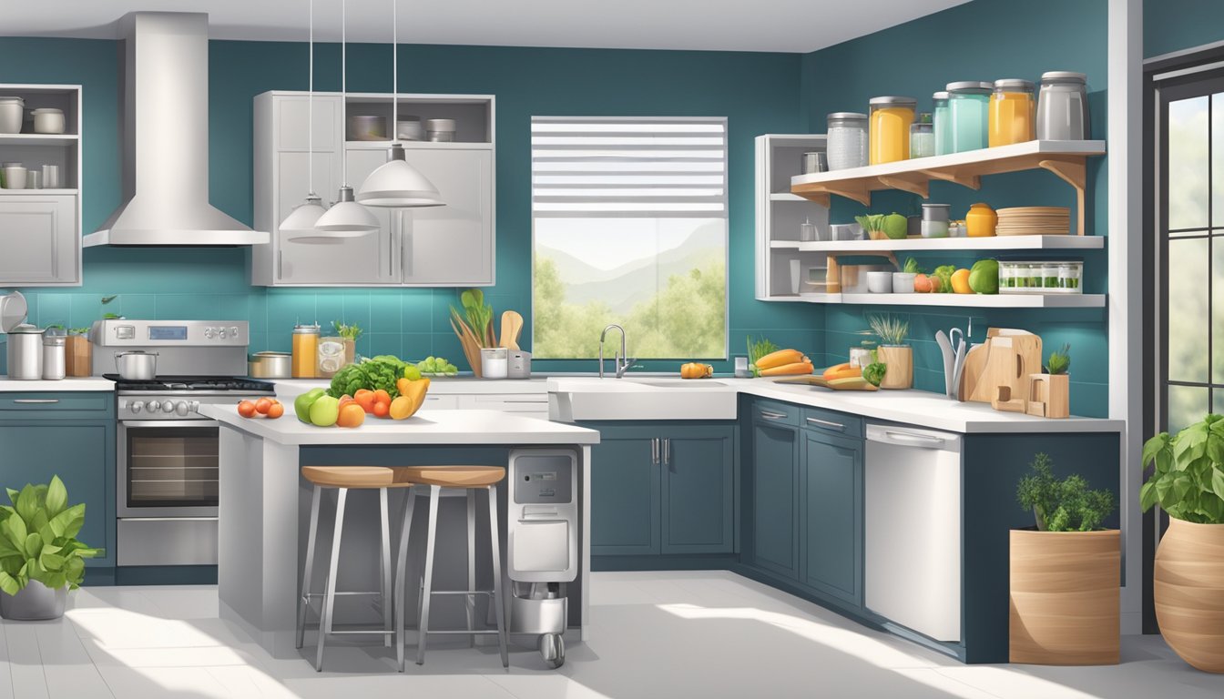 A modern kitchen with high-tech appliances and nutritious food items organized in a clean and orderly manner