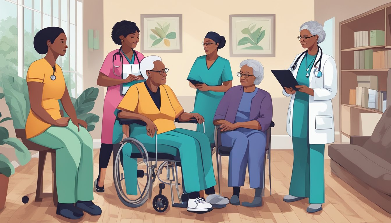 A group of healthcare professionals collaborate in a home setting to address substance abuse in elderly care. The team includes nurses, social workers, and therapists working together to provide comprehensive support