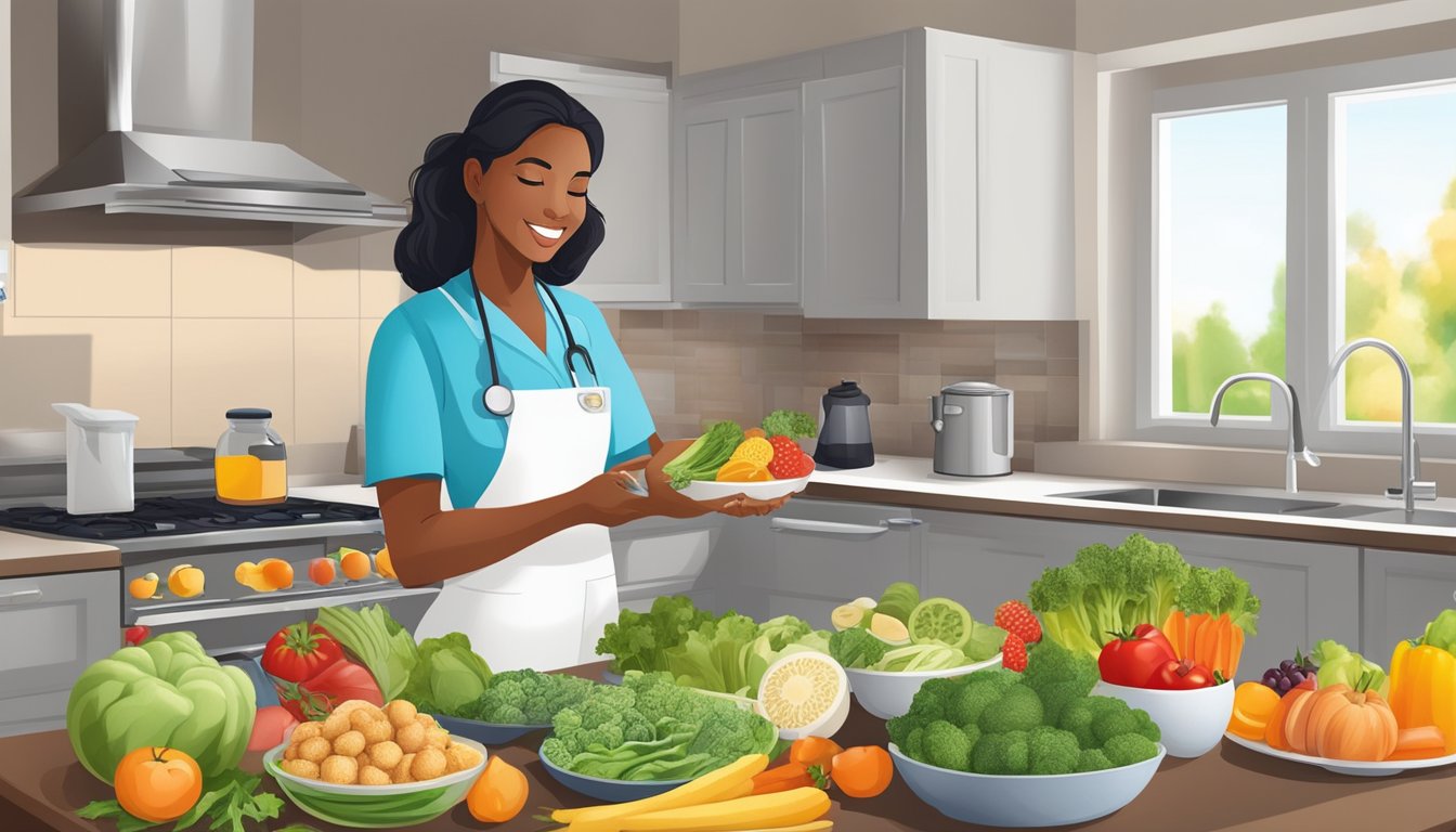 A home care nurse preparing a variety of nutrient-rich meals and snacks for a client, including fresh fruits, vegetables, whole grains, and lean proteins