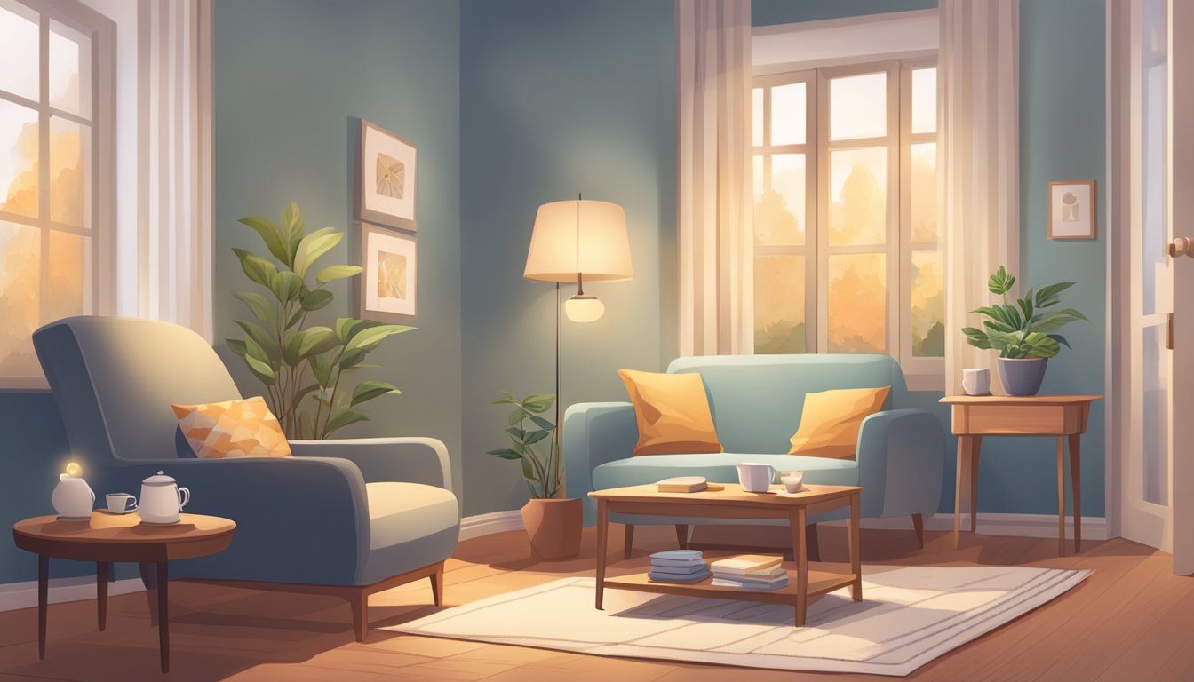 A cozy living room with a comfortable armchair, soft lighting, and a small table set with a teapot and cups, creating a warm and inviting atmosphere for home-based palliative care