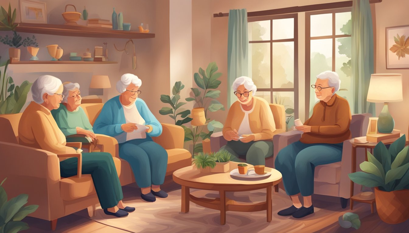 A group of elderly individuals engage in support and recovery activities in a cozy home setting, surrounded by comforting decor and soothing colors