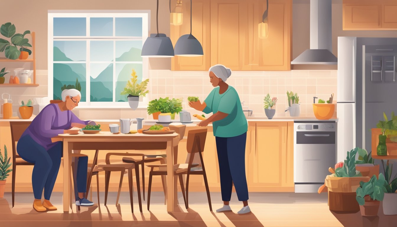 A cozy home care setting with a well-stocked kitchen, a dining area with a nutritious meal, and a caregiver providing support and companionship to a client