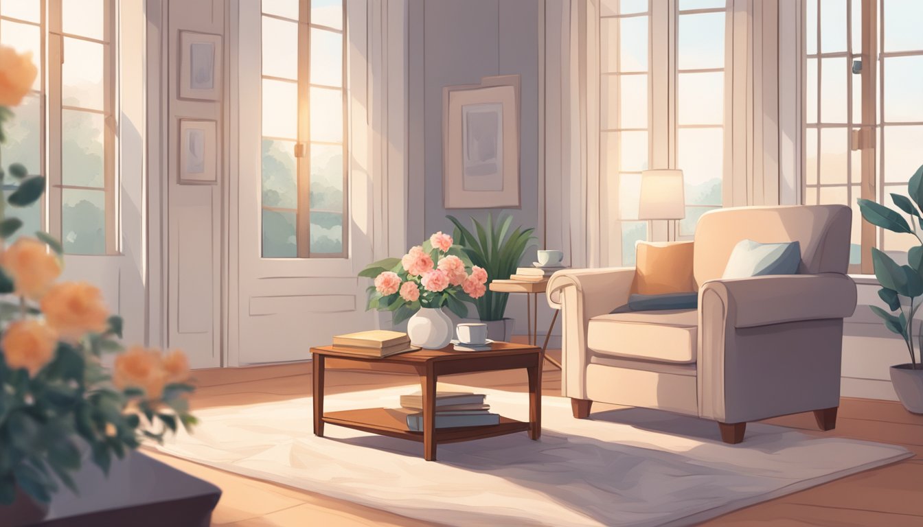 A serene living room with a cozy armchair, soft lighting, and a small bedside table holding a vase of fresh flowers and a comforting book