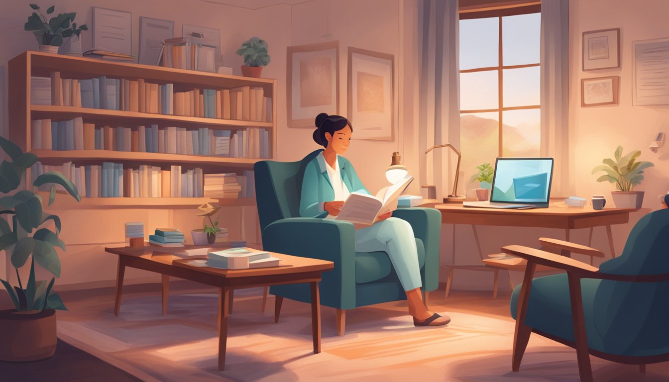 A cozy living room with a comfortable armchair, soft lighting, and a bookshelf filled with medical literature. A caregiver sits at a desk, reviewing care plans and educational materials