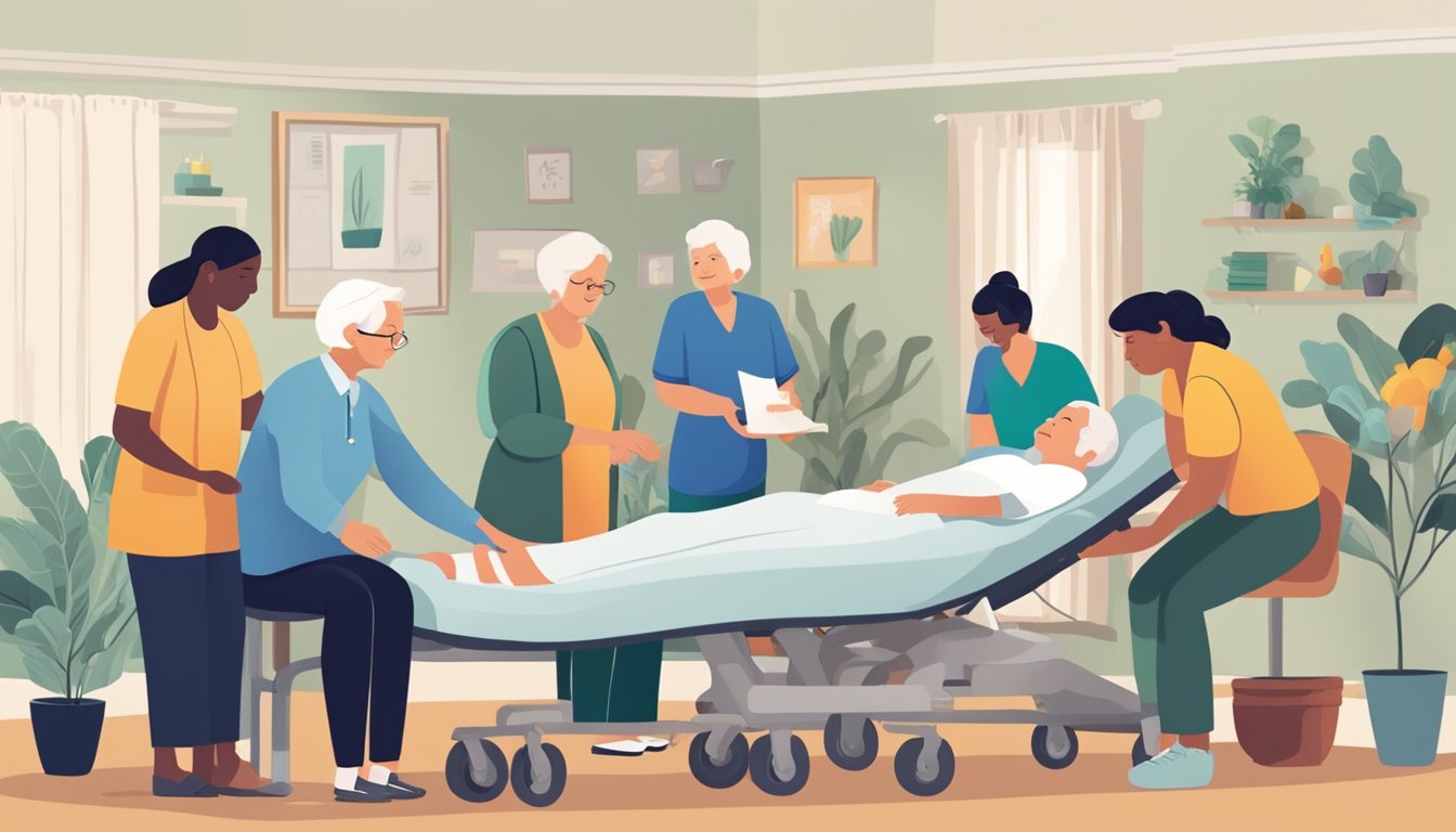 A serene home setting with an elderly person receiving care, surrounded by supportive family members and healthcare professionals. Various prevention and care resources are visible, emphasizing a holistic approach to addressing substance abuse