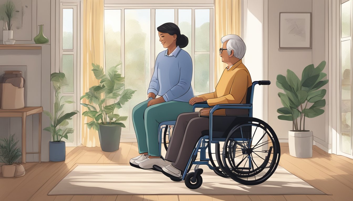 A person sitting in a wheelchair receiving support from a caregiver in a home setting