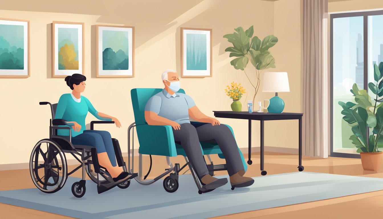 A cozy living room with a wheelchair, exercise equipment, and a therapist guiding a patient through rehabilitation exercises