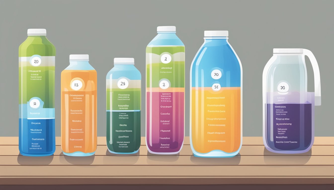 A table with a variety of hydration options, including water, juice, and electrolyte drinks, alongside a chart showing different hydration needs based on age and activity level