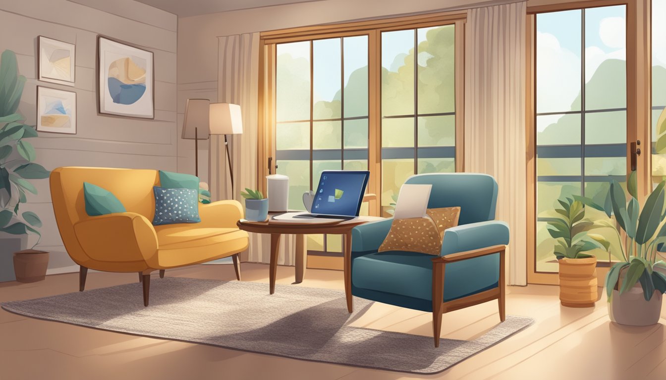 A cozy living room with a senior-friendly chair, a table with a tablet for telehealth, and a calendar for tracking appointments and activities