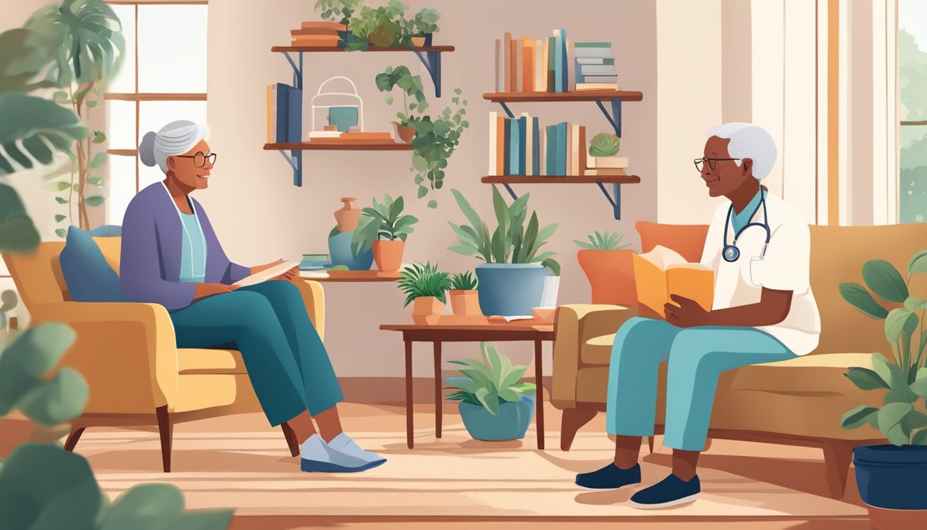 A healthcare provider engages in conversation with an elderly person in a cozy living room setting, surrounded by books, plants, and comforting decor