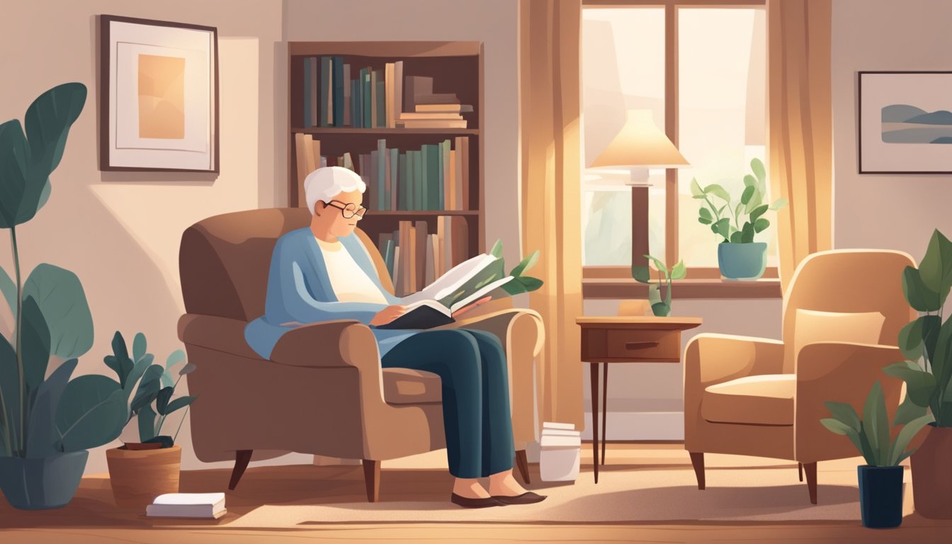 A cozy living room with a comfortable armchair, a side table with books and a warm blanket. A caregiver is nearby providing support and encouragement to a person going through stroke recovery