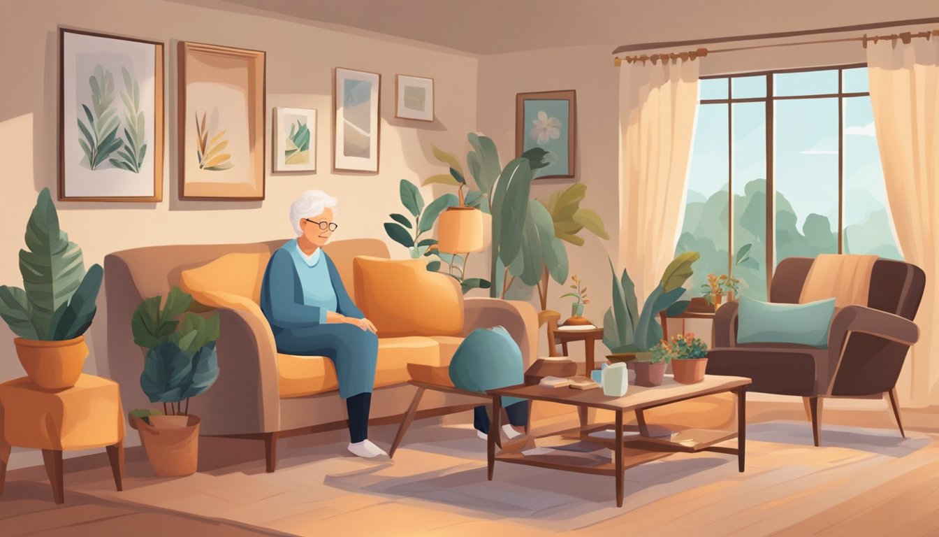 A cozy living room with an elderly person sitting in a comfortable chair, surrounded by family photos and warm decor. A caregiver is nearby, offering support and companionship