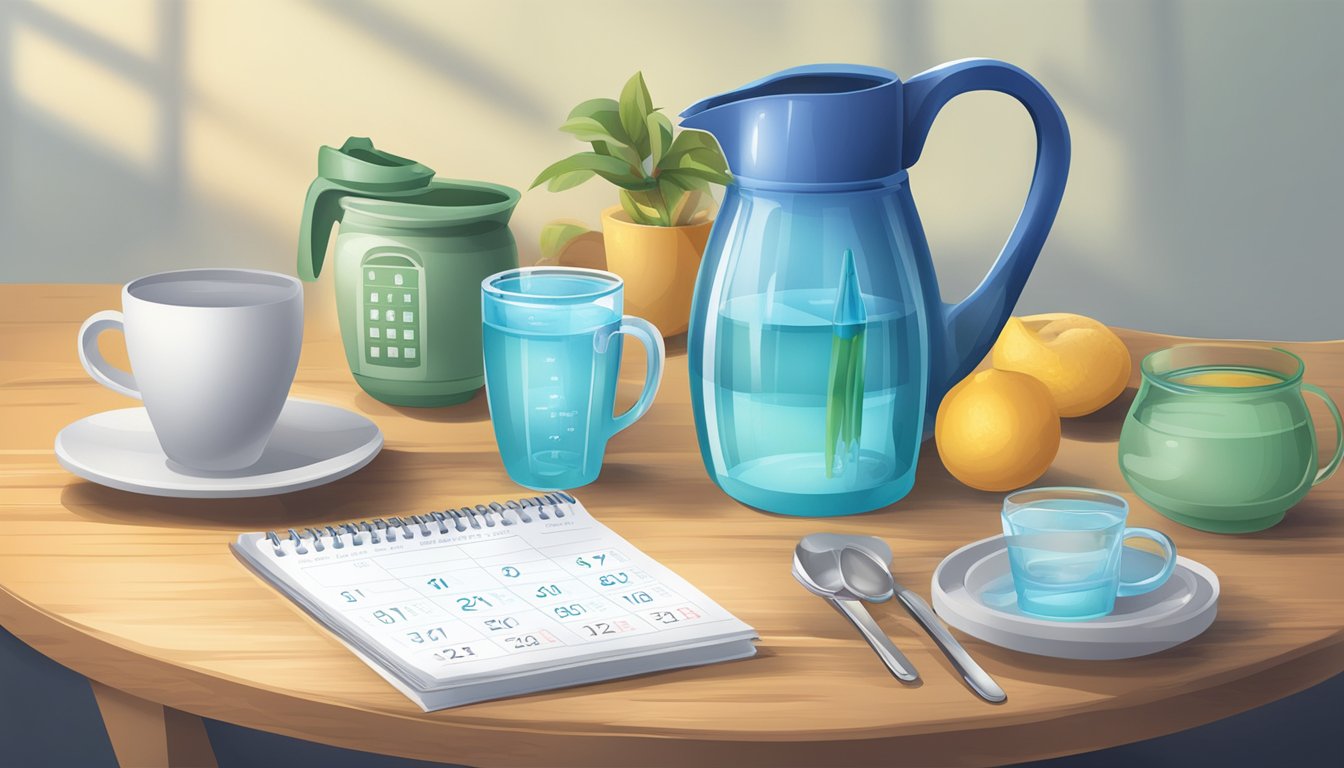 A table with a pitcher of water, a variety of cups, and a calendar with hydration reminders