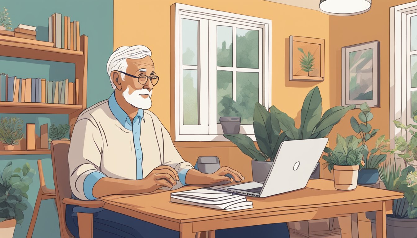 An elderly person sitting in a cozy home environment, surrounded by technology, books, and plants. A calendar on the wall shows regular social activities and a caregiver is seen engaging in conversation