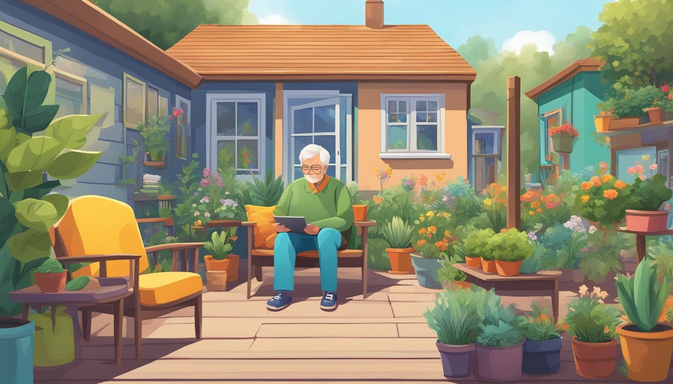 An elderly person sitting alone in a cozy home, surrounded by technology, books, and plants. Outside, a vibrant community garden and friendly neighbors