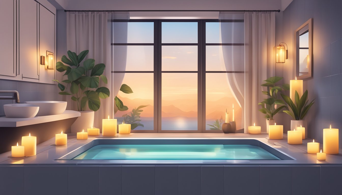 A serene bathroom with a large bathtub filled with warm water, surrounded by candles and soft lighting. A towel and bath products are neatly arranged nearby